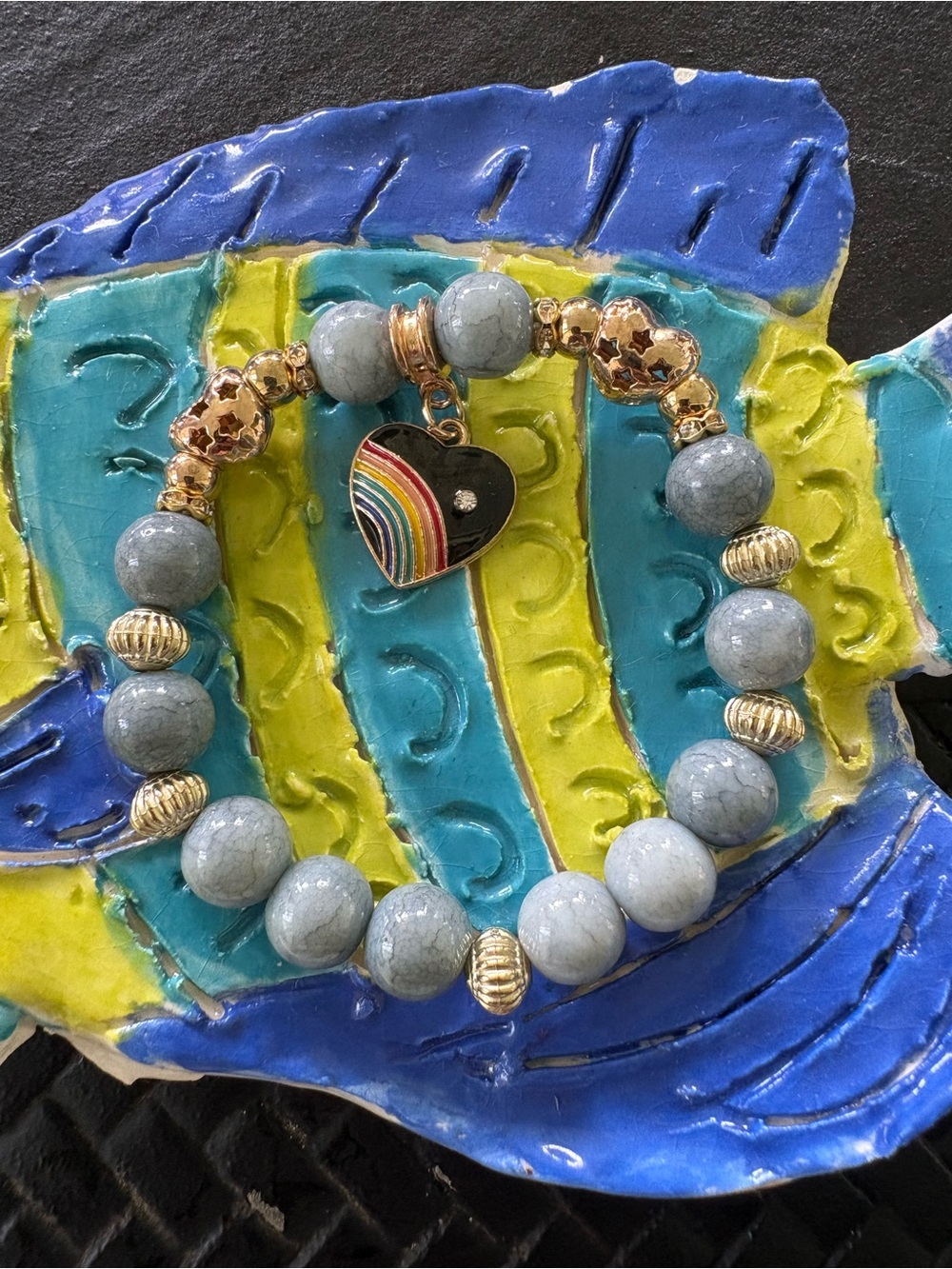 Gold-Accent Blue Beaded Heart Charm Bracelet